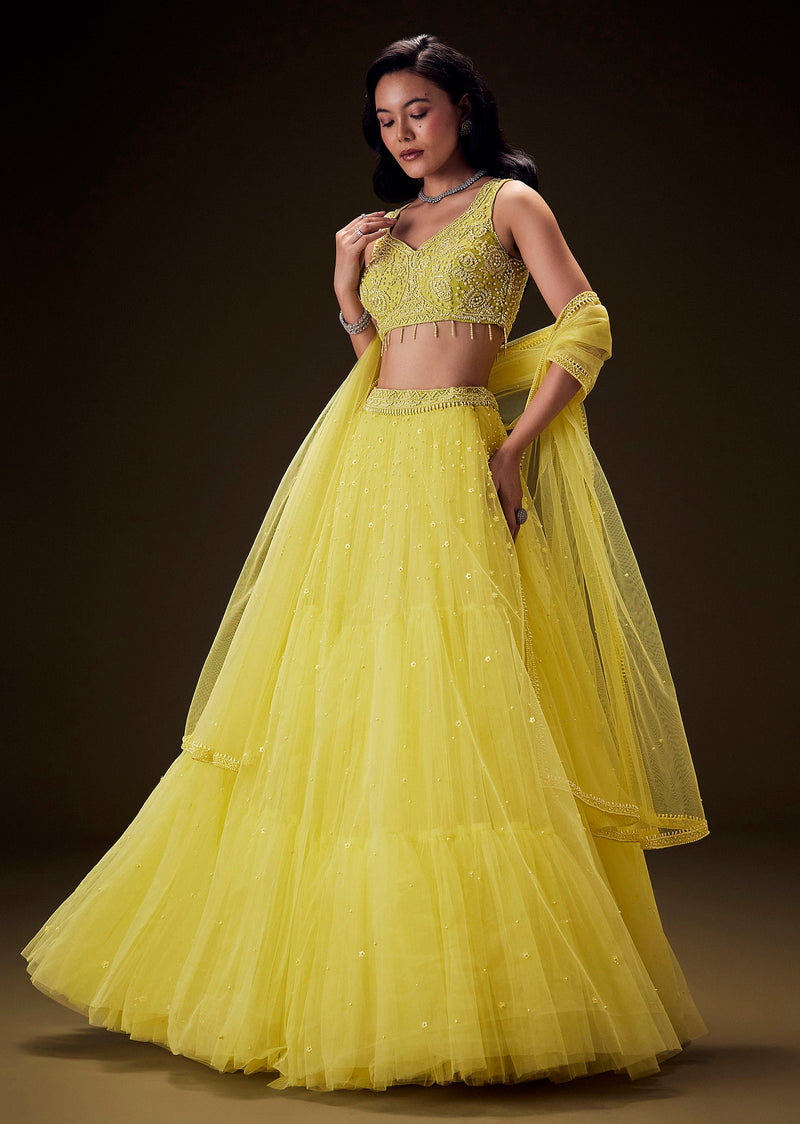 Sunshine Yellow Net Hand Embroided Pearl Work Lehenga Set