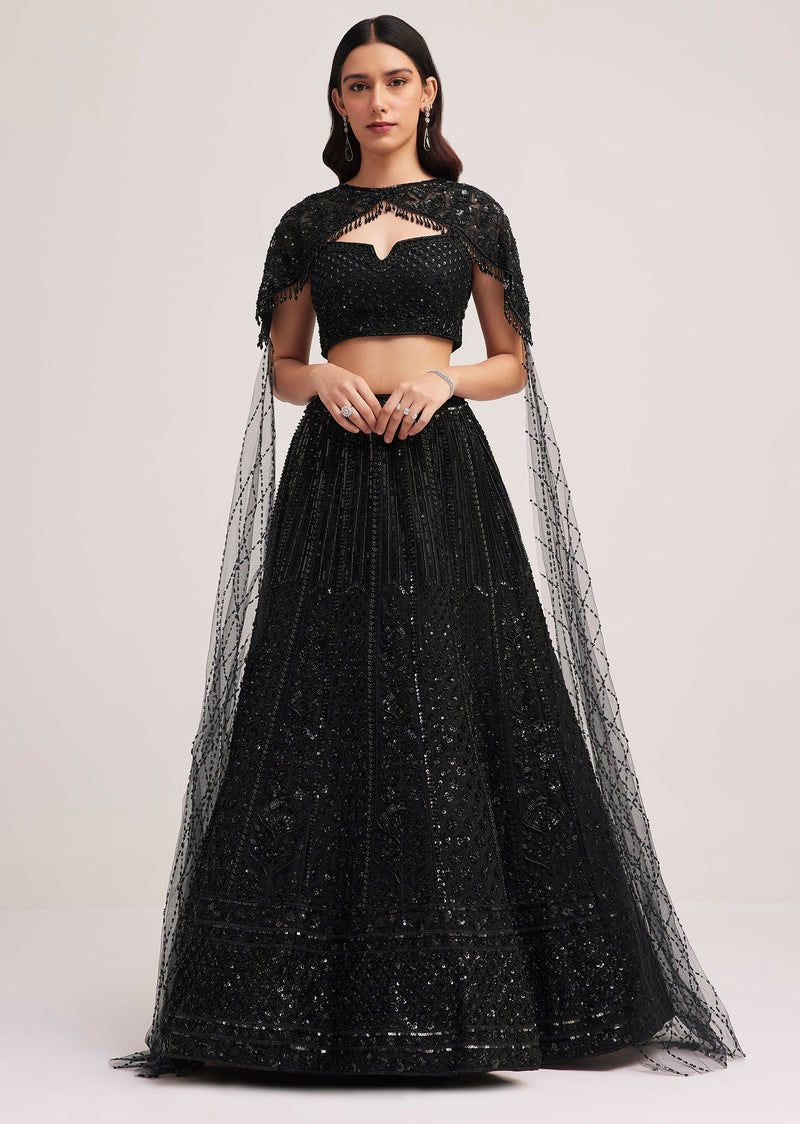 Black Sequin Embellished Lehenga Choli Set With Cape