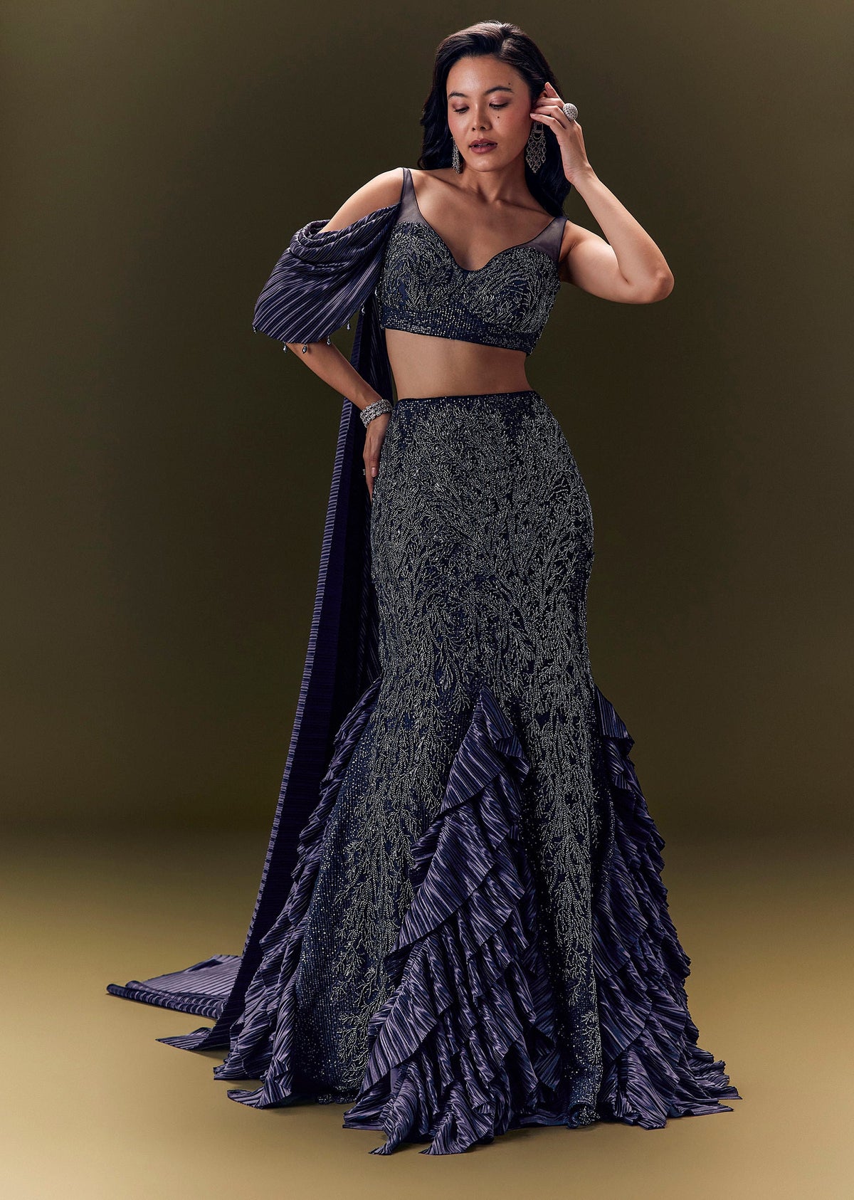 Navy Blue Crepe Ensemble With Pleated Cape Blouse And Fish Cut Skirt