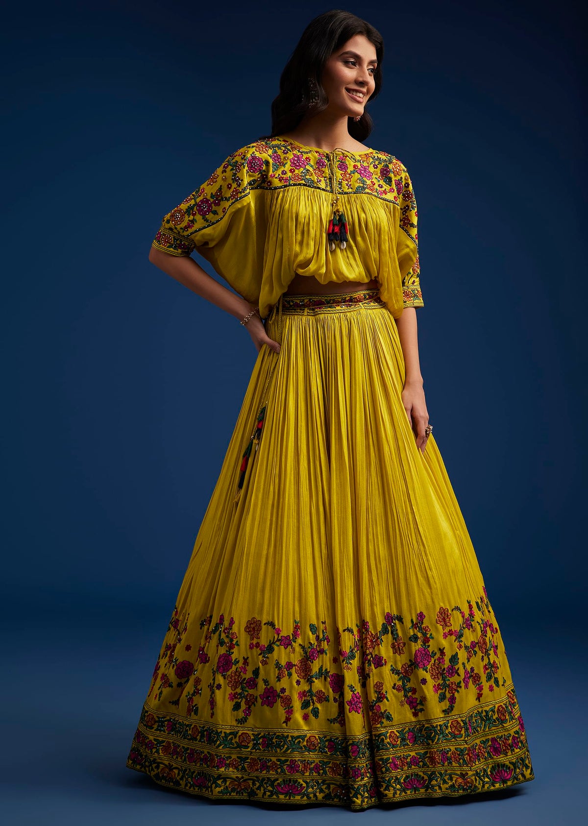 Mustard Silk Blend Crop Top And Skirt With Resham Work