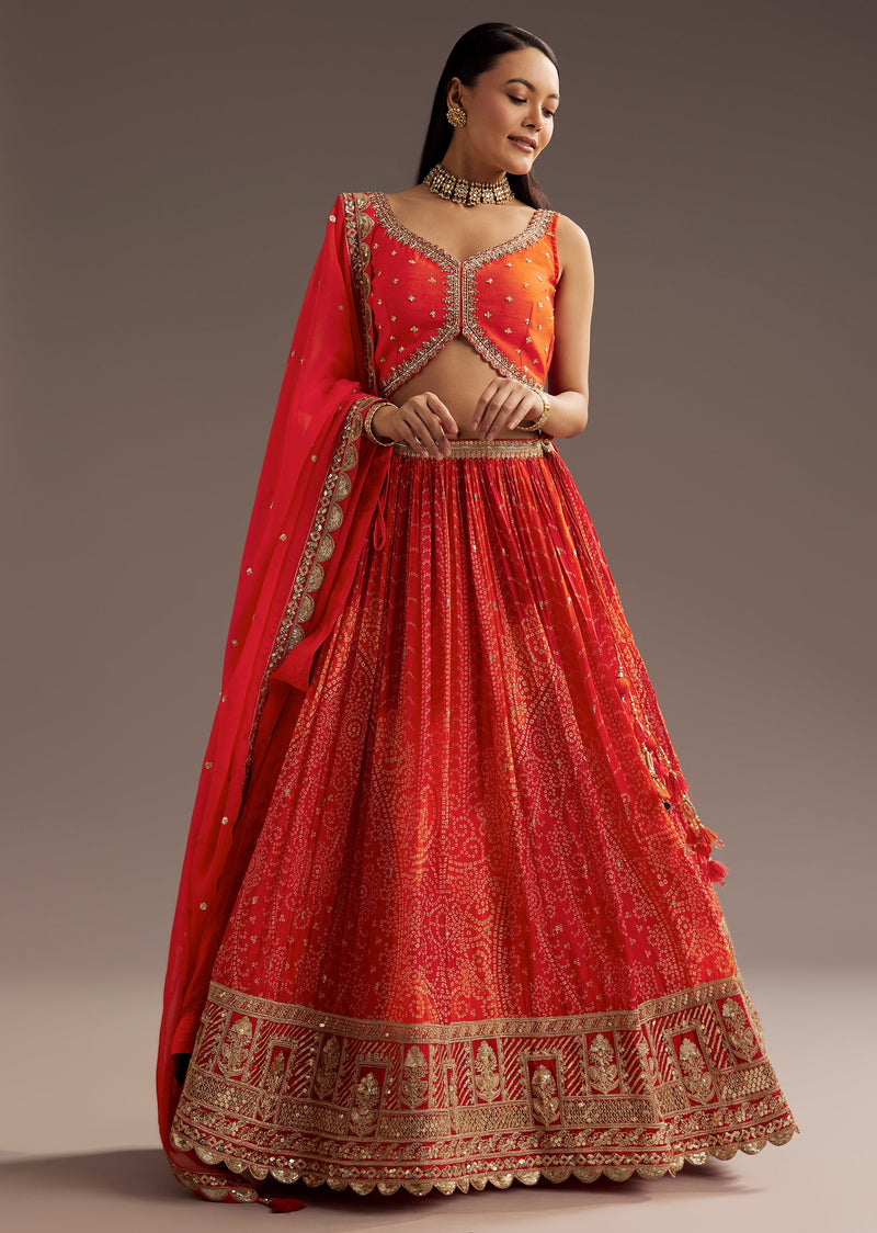 Orange Sequins Bandhani Lehenga Dupatta Set