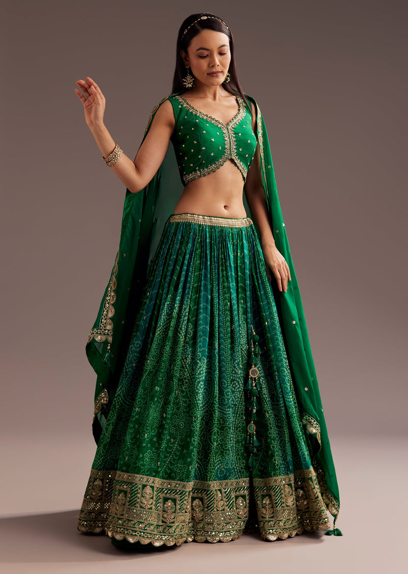 Green Sequins Bandhani Lehenga Dupatta Set