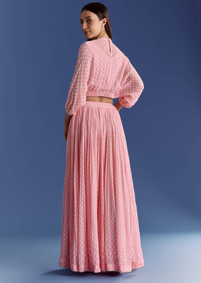 Pink Floral Georgette Lehenga Set With Zardosi Croptop