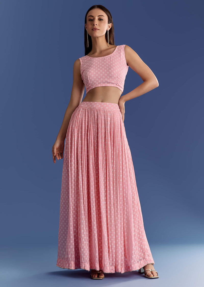 Pink Floral Georgette Lehenga Set With Zardosi Croptop