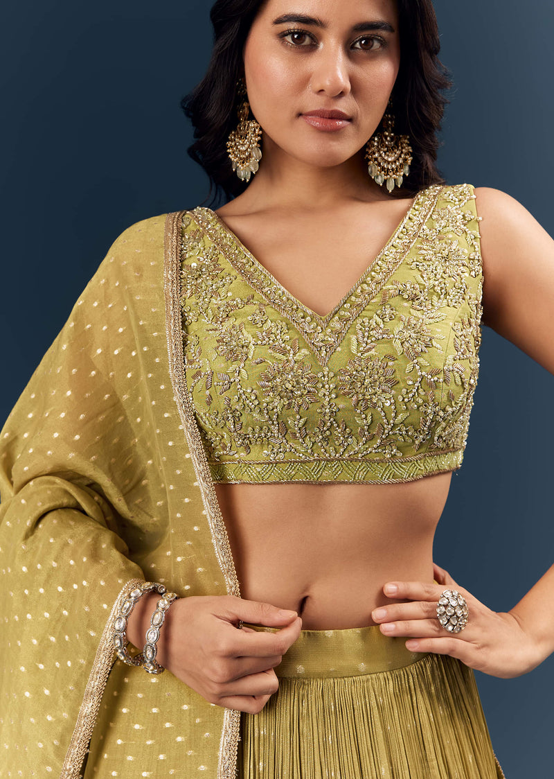 Solid Green Banarasi Silk Bridesmaid Lehenga With Intricate Hand Embroidery