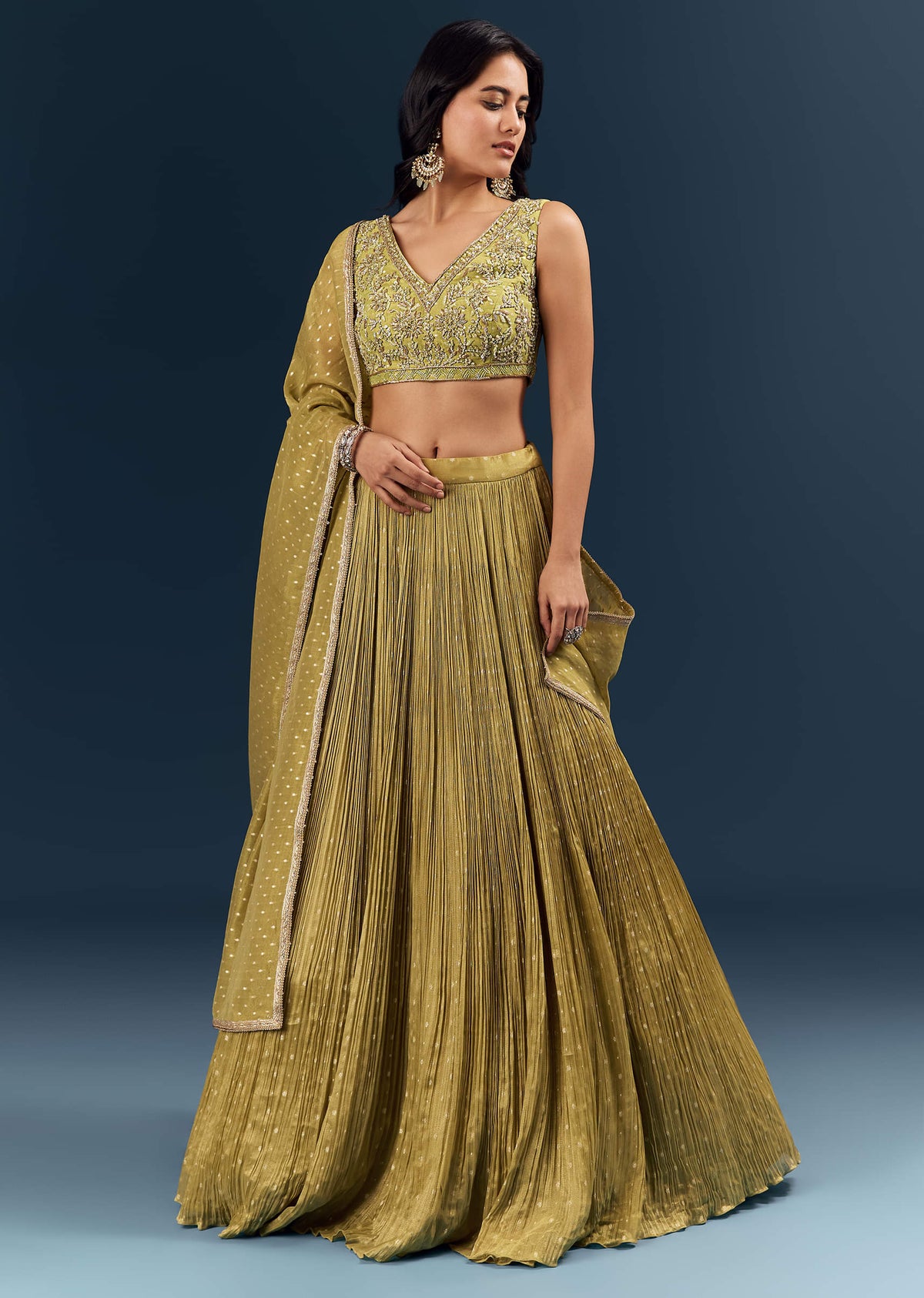 Solid Green Banarasi Silk Bridesmaid Lehenga With Intricate Hand Embroidery