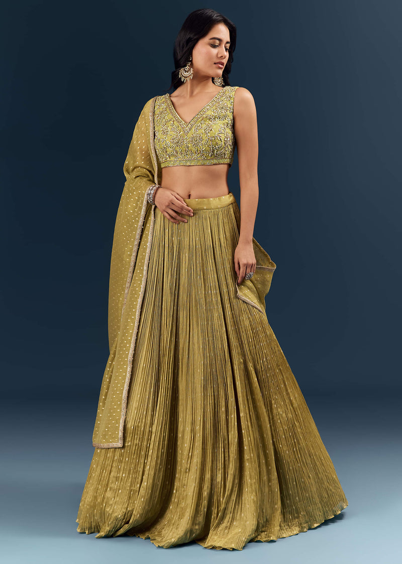 Solid Green Banarasi Silk Bridesmaid Lehenga With Intricate Hand Embroidery