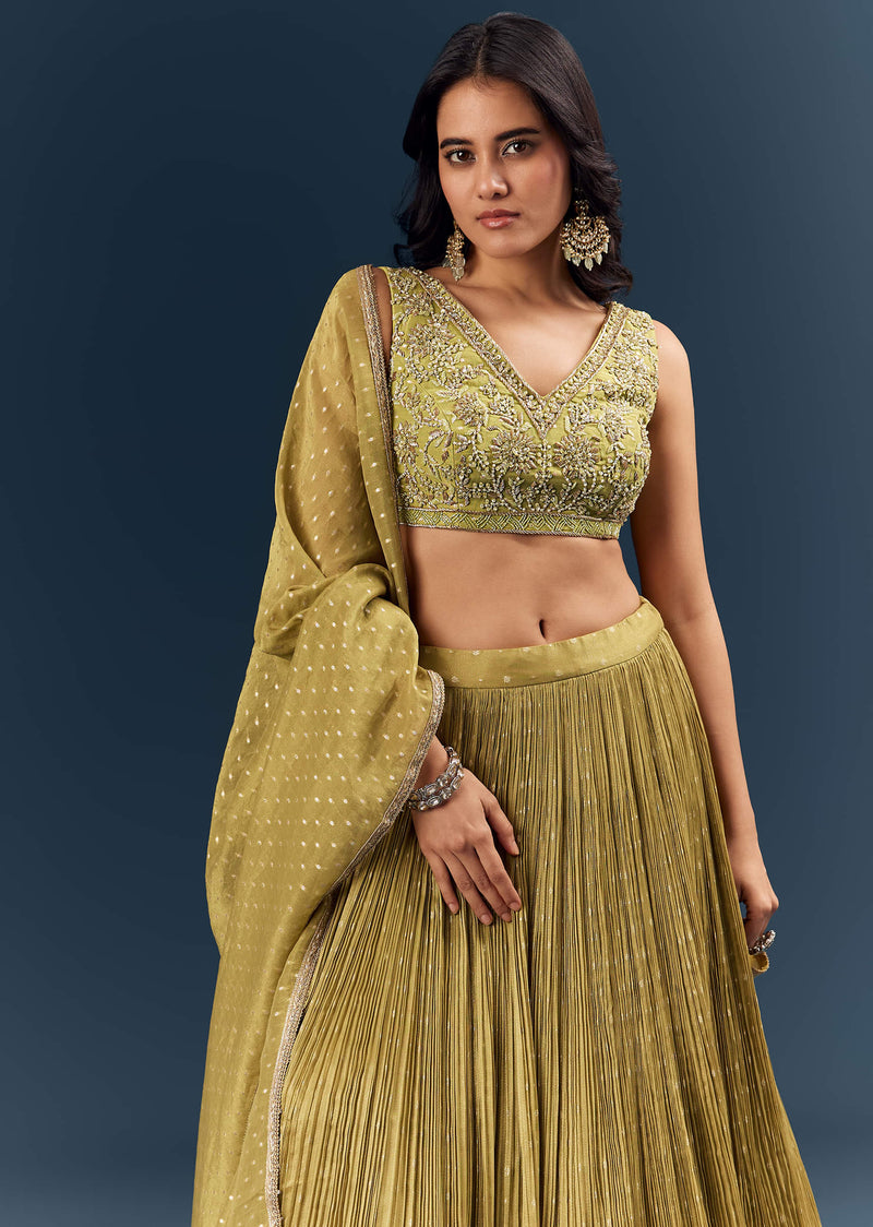 Solid Green Banarasi Silk Bridesmaid Lehenga With Intricate Hand Embroidery
