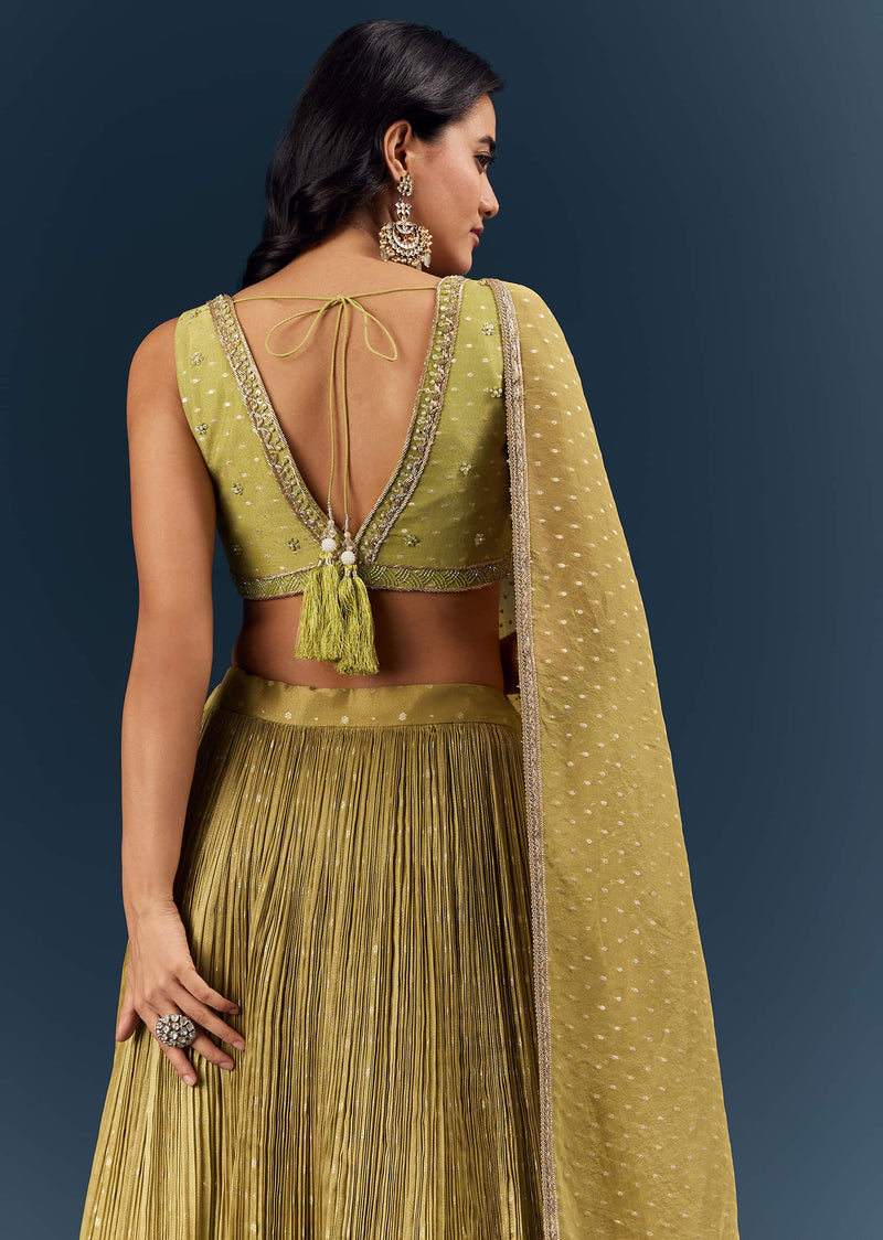 Solid Green Banarasi Silk Bridesmaid Lehenga With Intricate Hand Embroidery