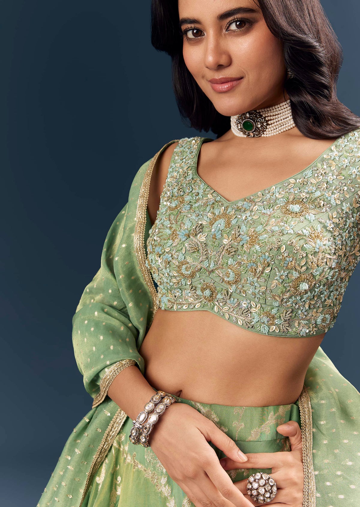 Spa Green Banarasi Silk Bridesmaid Lehenga With Heavy Hand Embroidery
