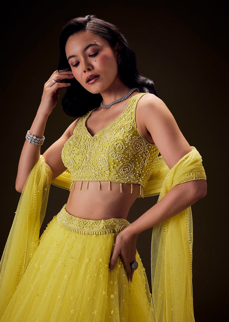 Sunshine Yellow Net Hand Embroided Pearl Work Lehenga Set