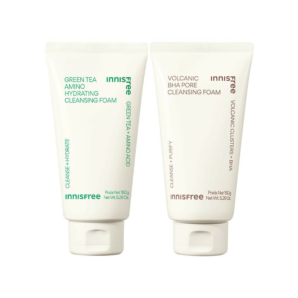 Innisfree Green Tea Hydrating Amino Acid Foam Cleanser & Volcanic BHA Pore Cleansing Foam