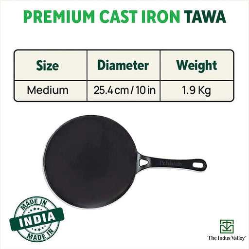The Indus Valley CASTrong Cast Iron Concave Tawa, Pre-seasoned, Nonstick, 100% Pure, Toxin-free, Spatula, 25.4cm, 1.9kg