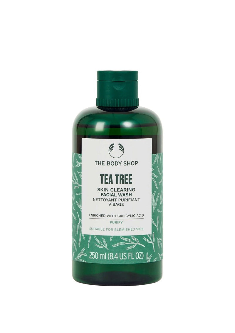The Body Shop Tea Tree Skin Clearing Facial Wash in a green bottle with white and black labeling, containing 250 ml of product.