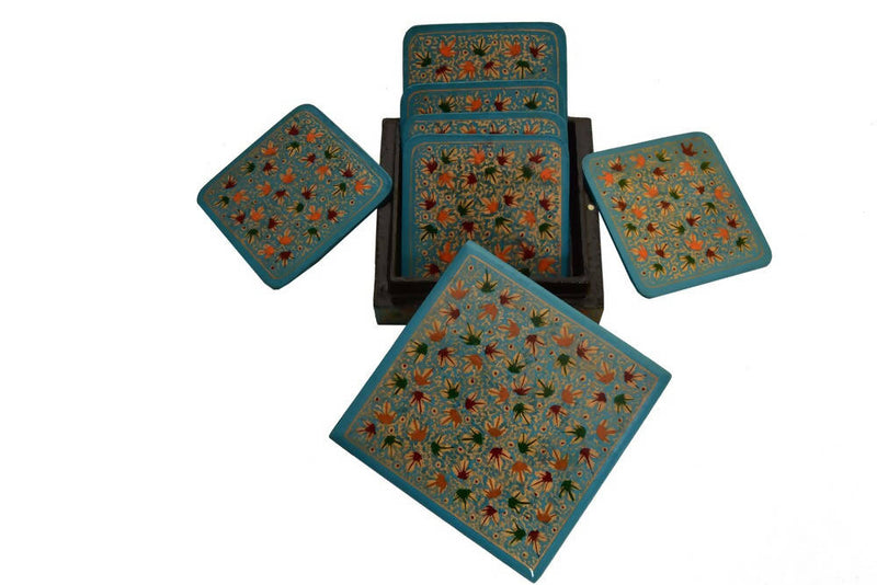 Nizalia Chinar Leaf Embossed Blue Paper Mache Square Coasters - Limited Time Offer