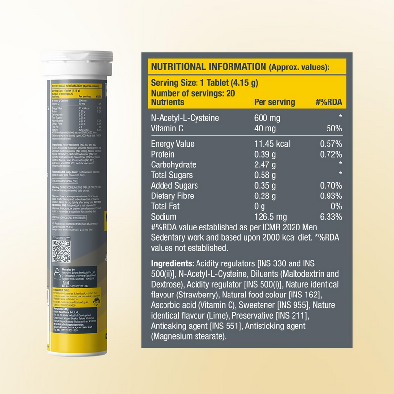 FAST&UP Detox Lung N-Acetylcysteine 600mg + Vitamin C - Strawberry Flavour Tablets