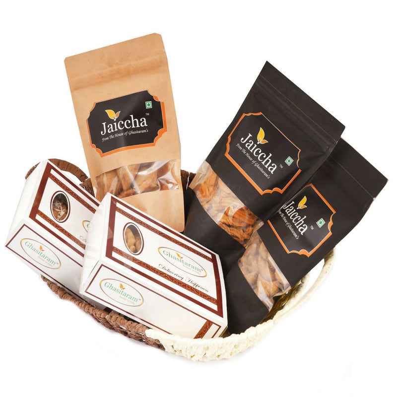 Ghasitaram Brown Basket of Traditional Gujiyas, Dry Sweet Gujiyas, Gujiya Namkeen, Soya Sticks, Farsaan Samosa & Flavoured Almonds Pouch
