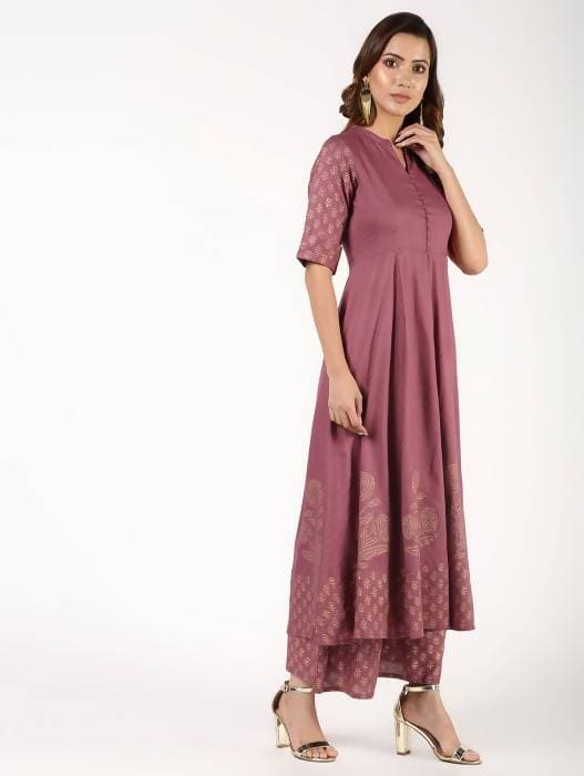 Aniyah Rayon Block Print Flared Anarkali Kurta Dusty Pink (AN-157K)