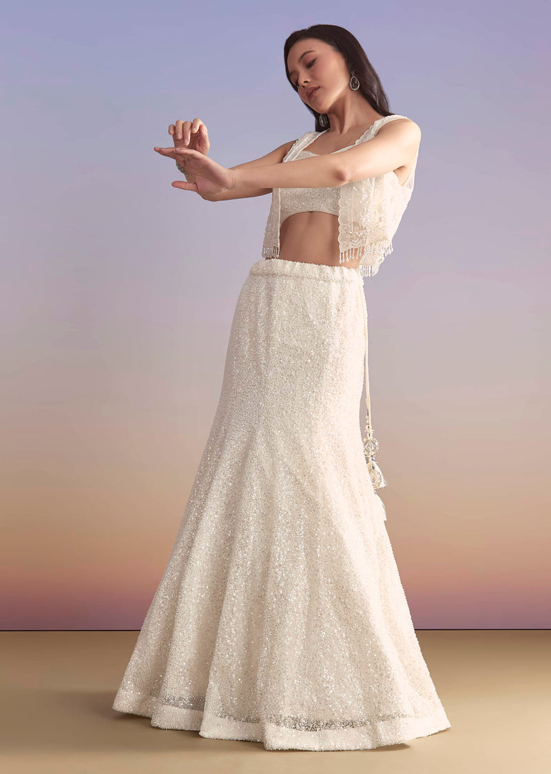White Net Bridesmaid Lehenga With Sequins Work And Embellished Jacket