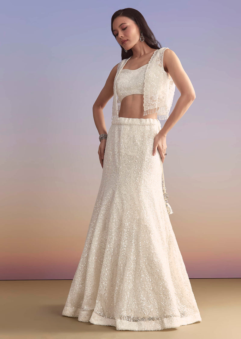 White Net Bridesmaid Lehenga With Sequins Work And Embellished Jacket