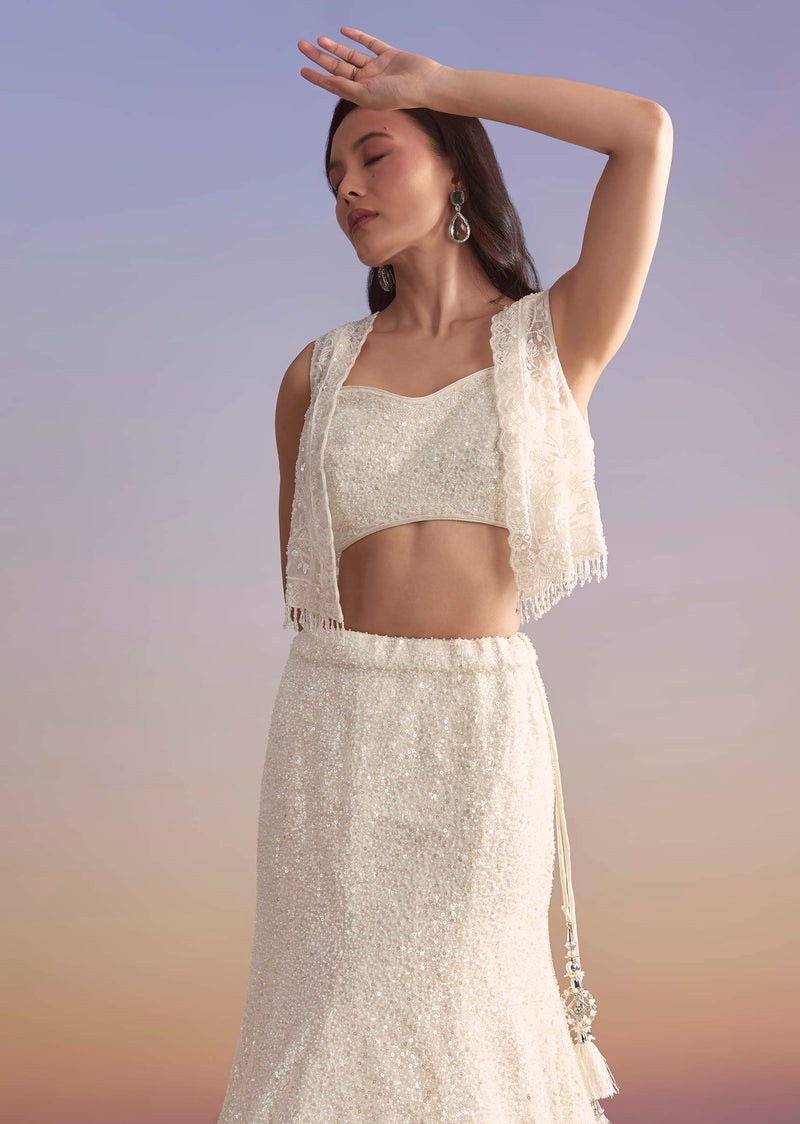 White Net Bridesmaid Lehenga With Sequins Work And Embellished Jacket