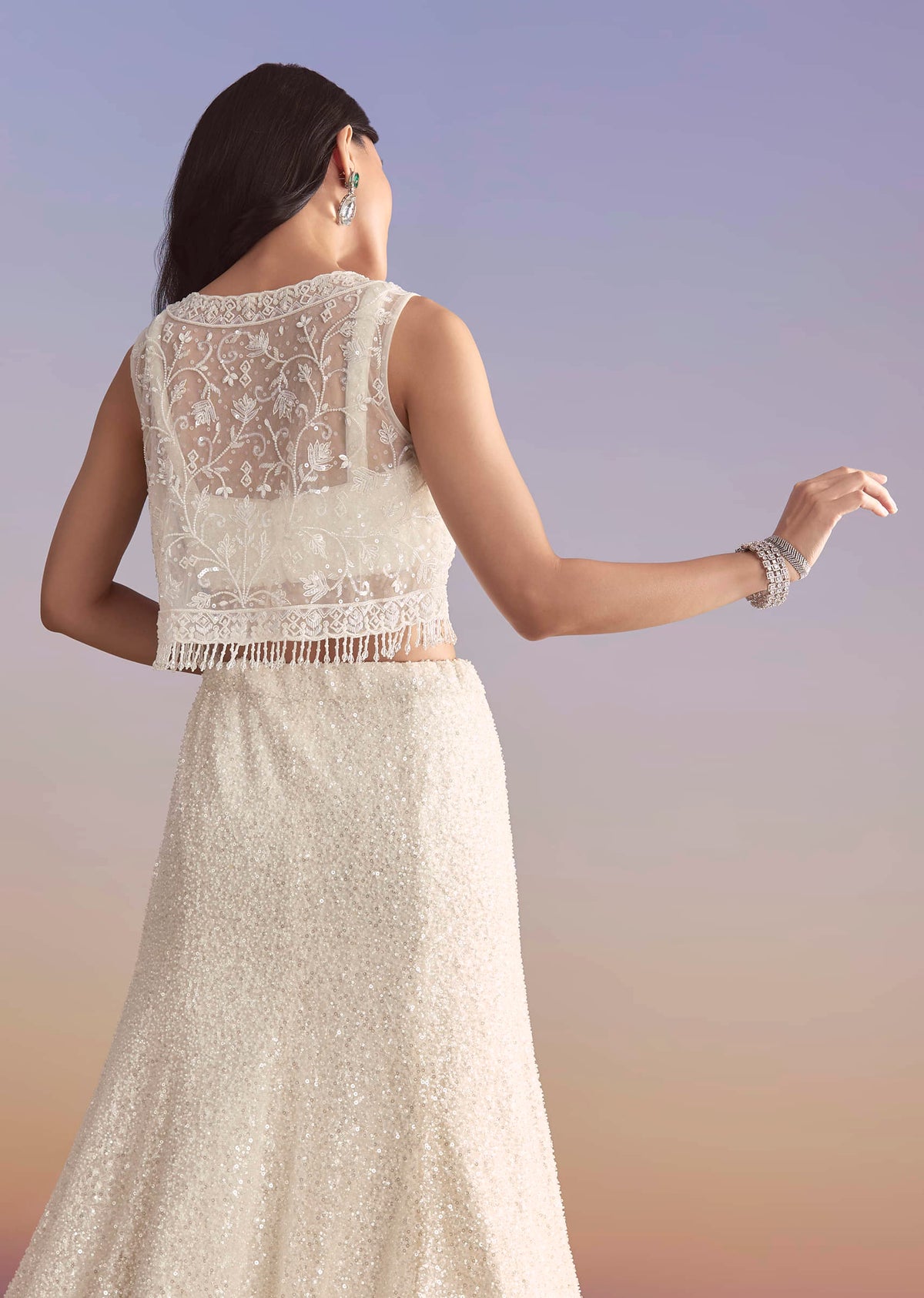 White Net Bridesmaid Lehenga With Sequins Work And Embellished Jacket