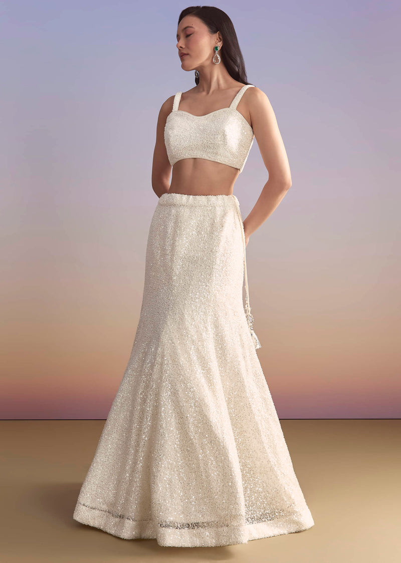 White Net Bridesmaid Lehenga With Sequins Work And Embellished Jacket