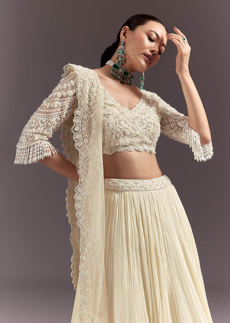 White Rushed Lehenga Set With Cape Dupatta