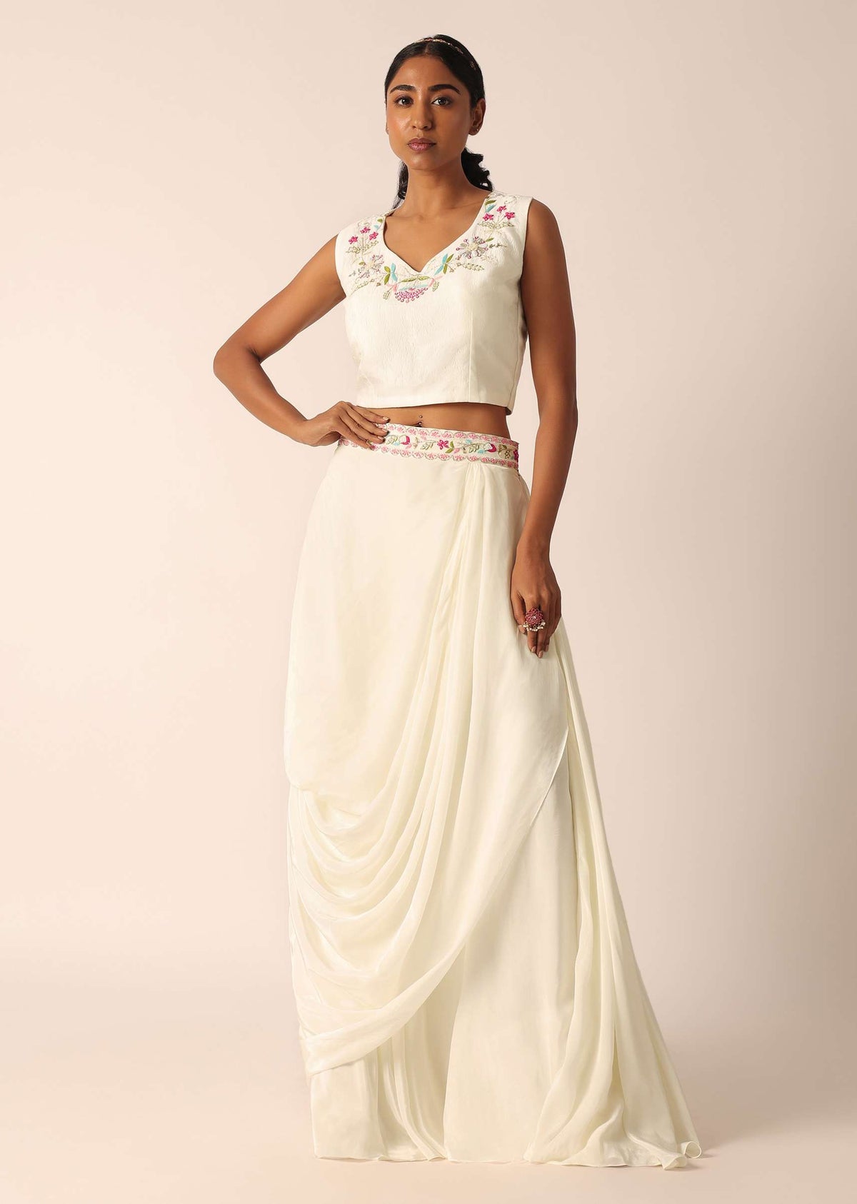 White Organza Jacket And Silk Lehenga Set With Embroidered Detail
