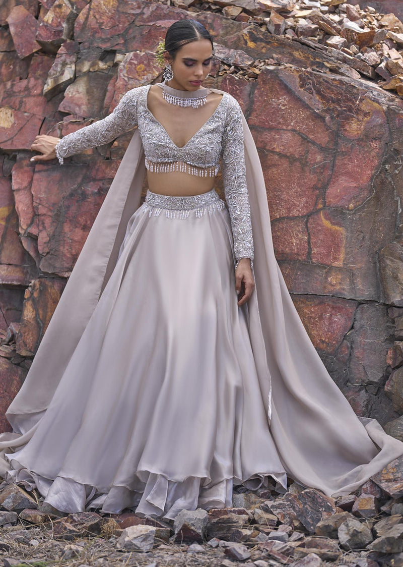 White Ruffle Lehenga With Blouse And Choker Dupatta