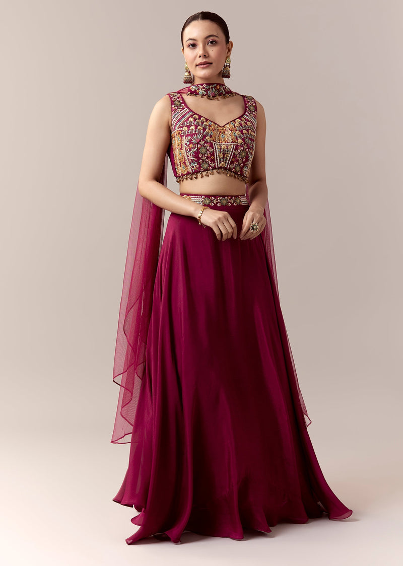 Wine Bridesmaid Lehenga With Thread Work Moti Work And Dupatta