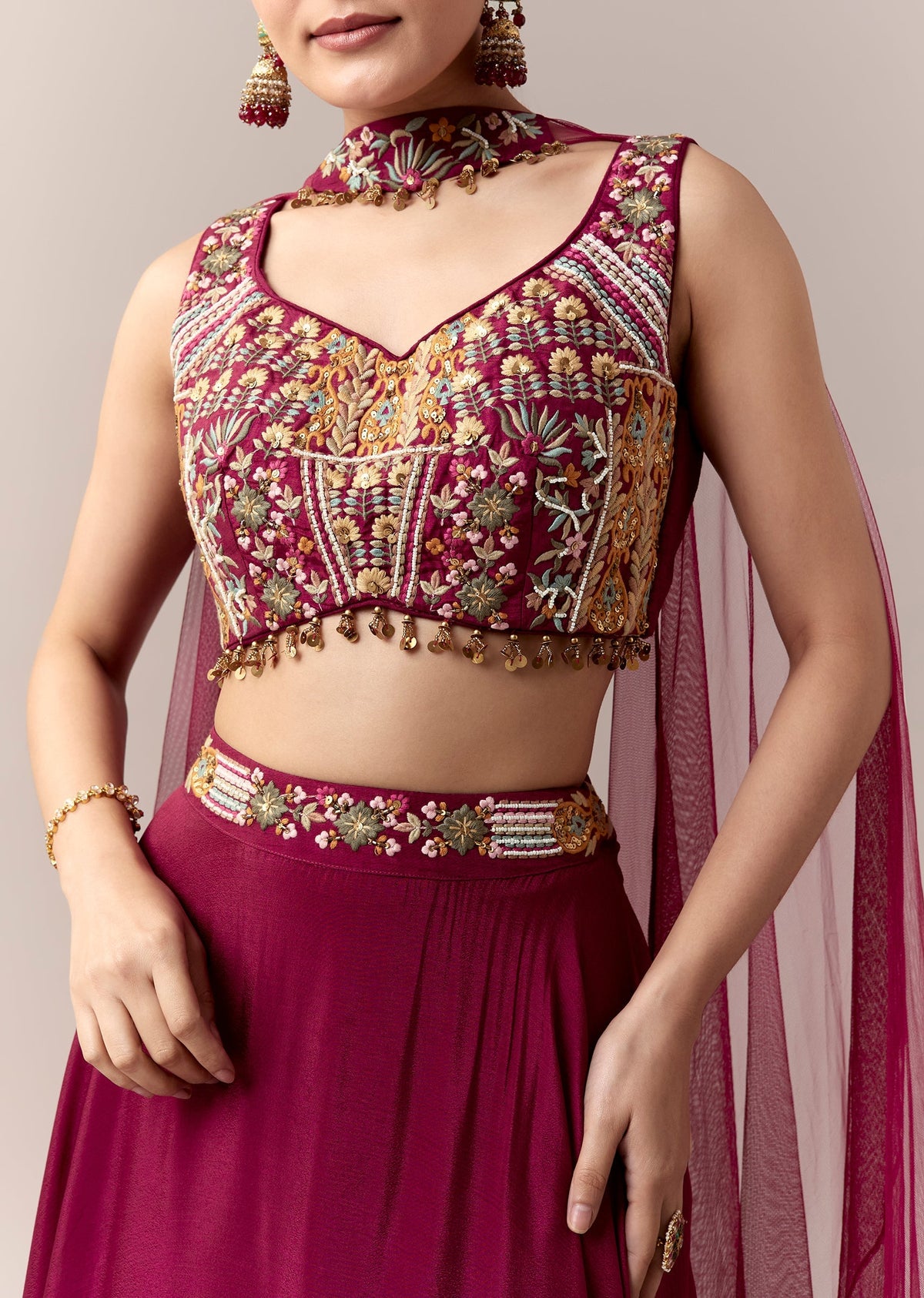 Wine Bridesmaid Lehenga With Thread Work Moti Work And Dupatta