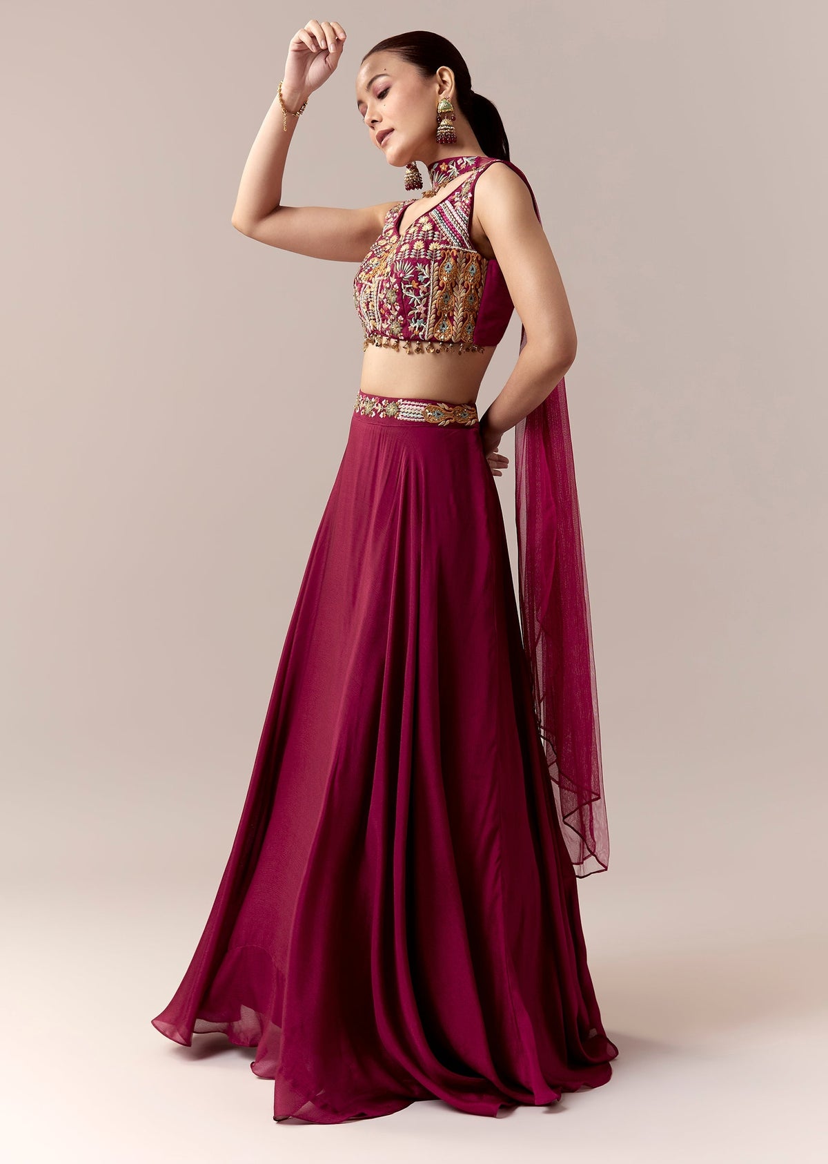 Wine Bridesmaid Lehenga With Thread Work Moti Work And Dupatta