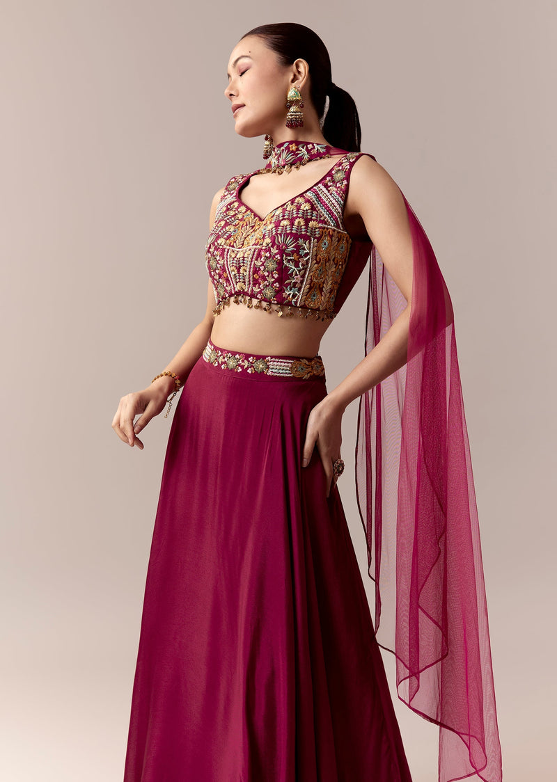 Wine Bridesmaid Lehenga With Thread Work Moti Work And Dupatta