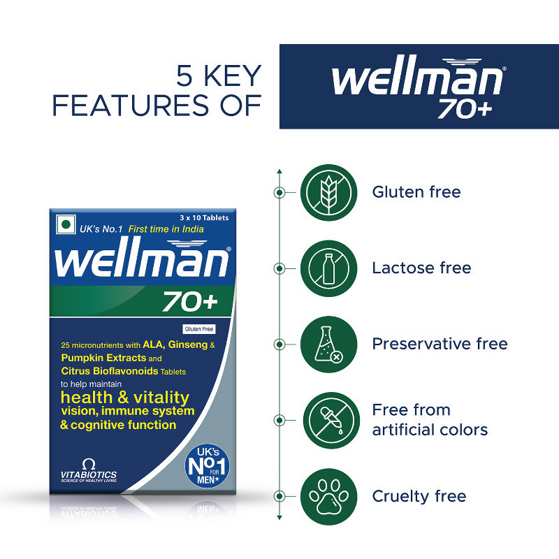 Wellman 70+ UK's No.1 Multivitamin Tablets) For Men Above 70 (Pumpkin Seed Bioflavonoids, Ginseng & More