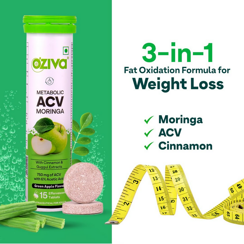OZiva ACV Moringa For Weight Loss 3-in-1 Fat Oxidation Formula Tablets - Green Apple Flavor