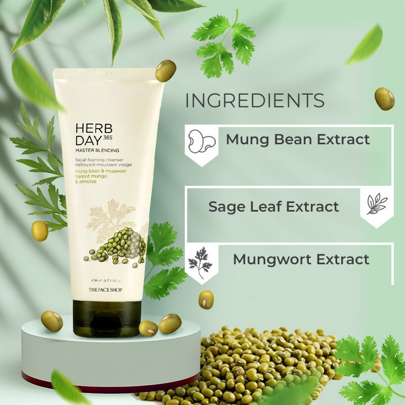 The Face Shop Herb Day 365 Master Blending Foaming Cleanser- Mungbean & Mugwort - Korean Skincare