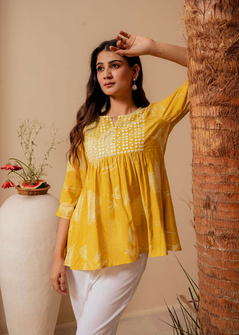 Juniper Mustard Ethnic Motifs Viscose Tunic With Thread Work And Mirror Detailing