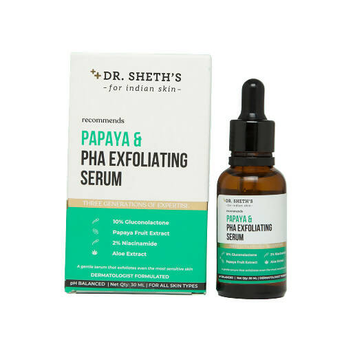 Dr. Sheth's Papaya & PHA Exfoliating Face Serum Reduces Open Pores, Dullness, Acne, Inflammation, For All Skin Types