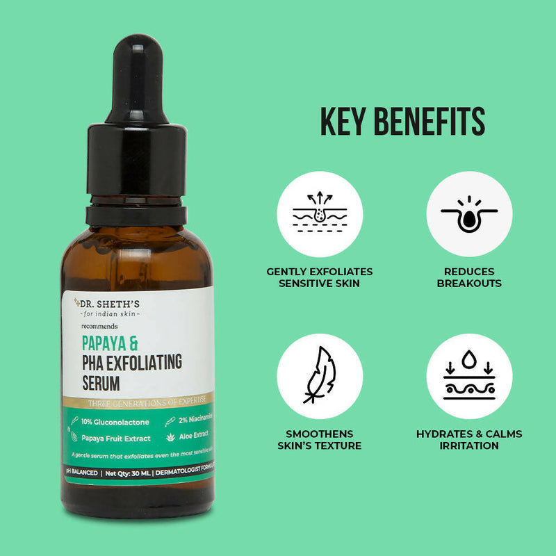 Dr. Sheth's Papaya & PHA Exfoliating Face Serum Reduces Open Pores, Dullness, Acne, Inflammation, For All Skin Types