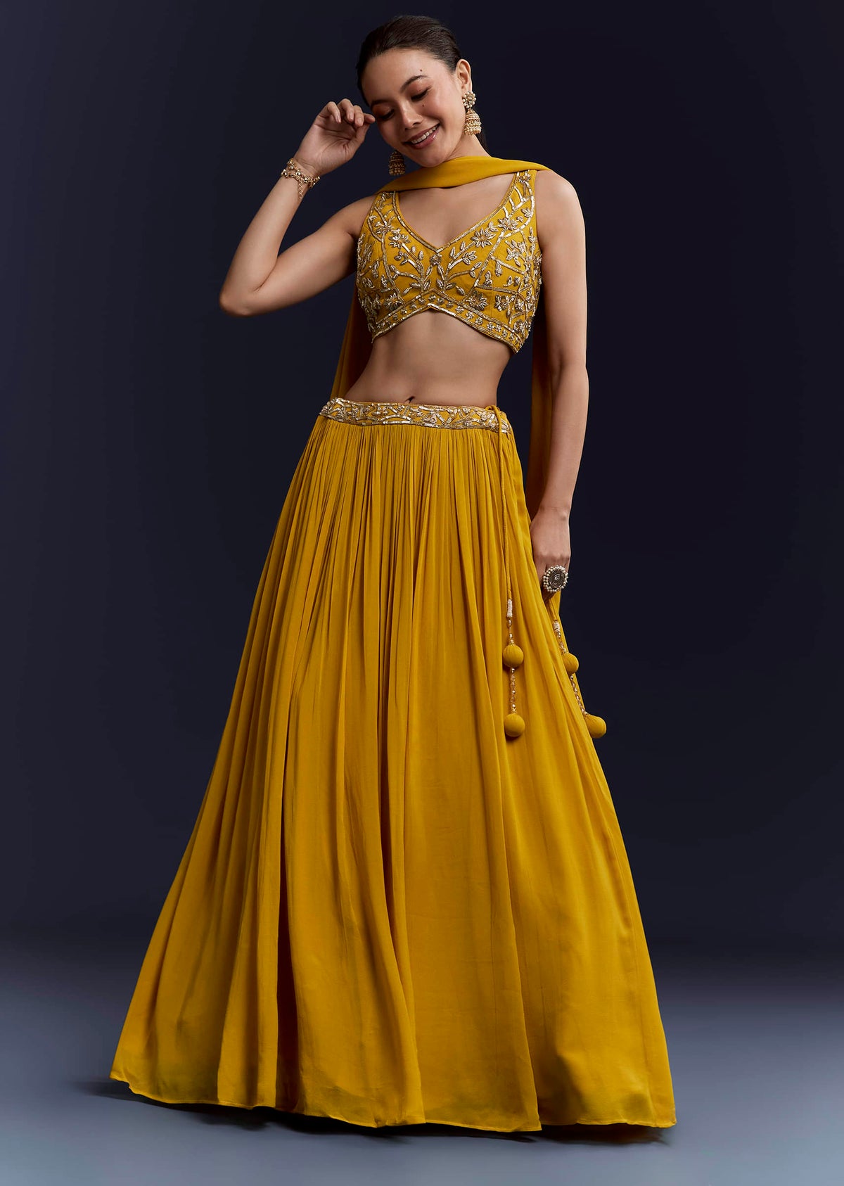 Yellow Bridesmaid Georgette Lehenga Set with Cutdana Embroidery