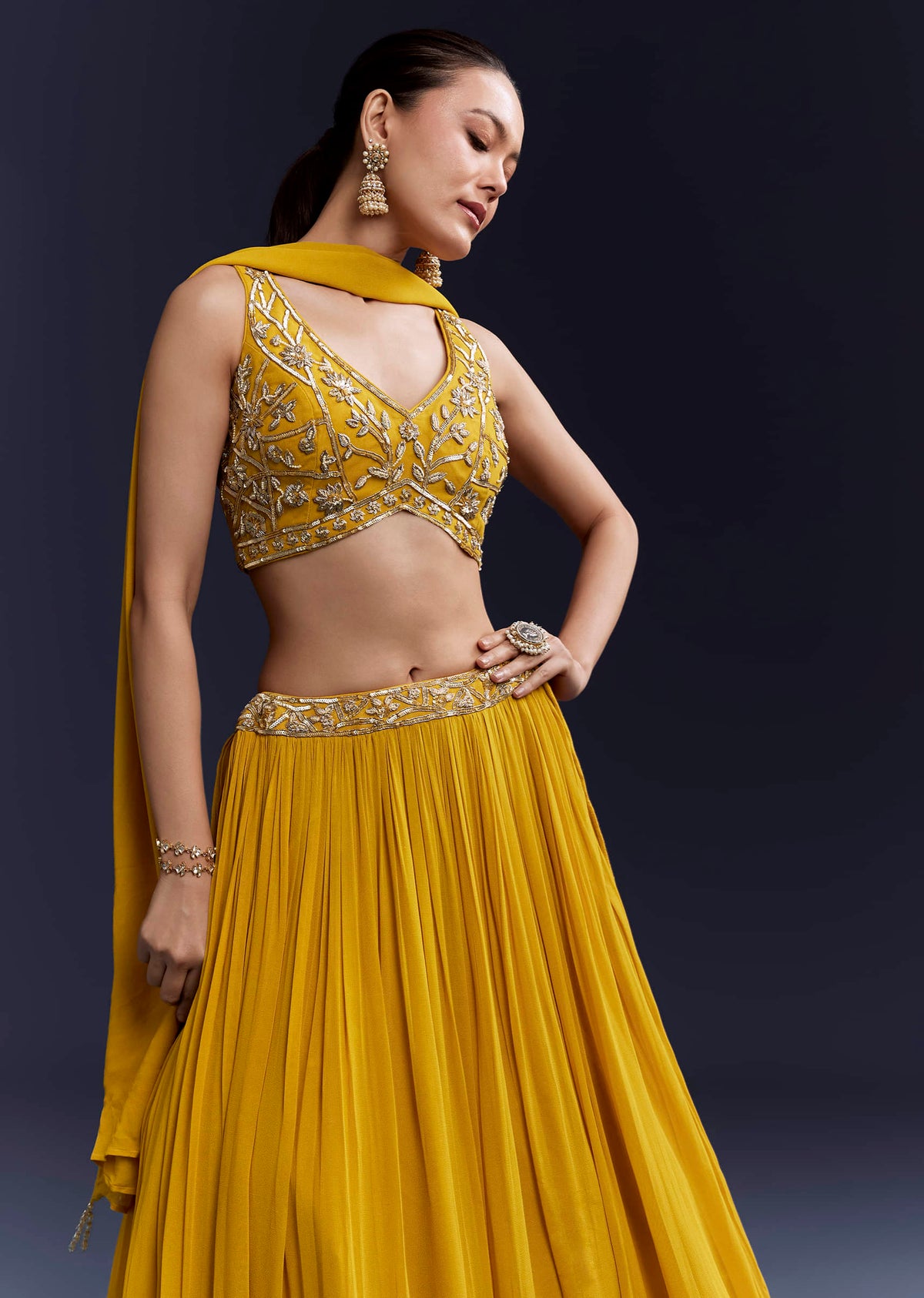 Yellow Bridesmaid Georgette Lehenga Set with Cutdana Embroidery