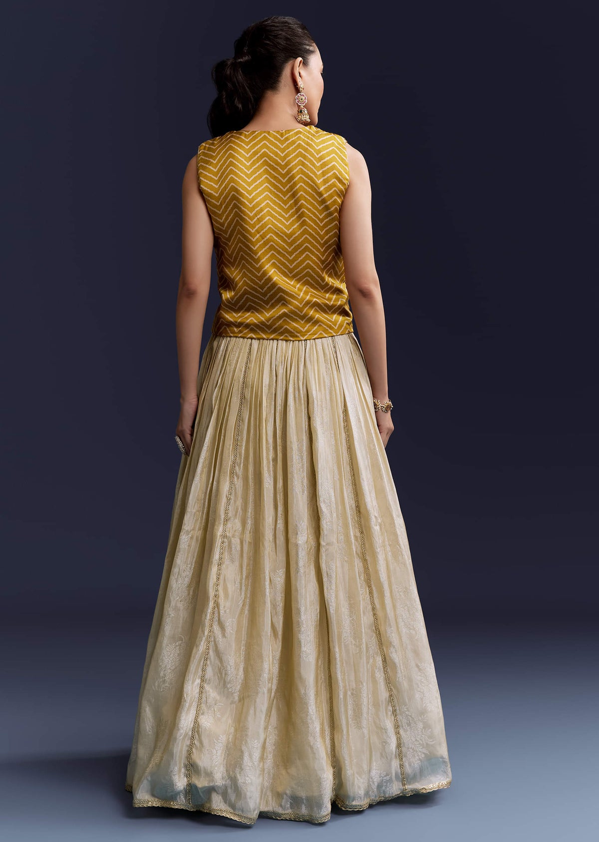 Yellow Satin Festive Lehenga With Hand Dyed Chevron Print Jacket