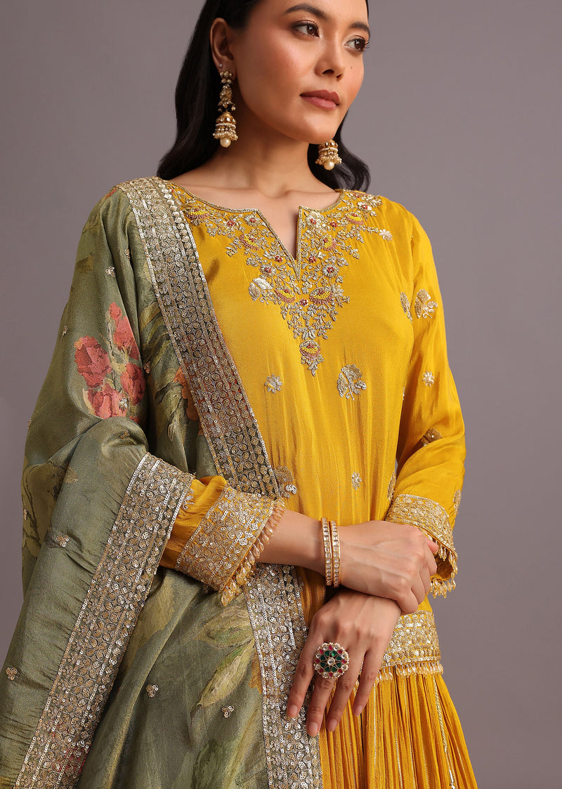 Yellow Embellished Kurta Lehenga With Printed Dupatta