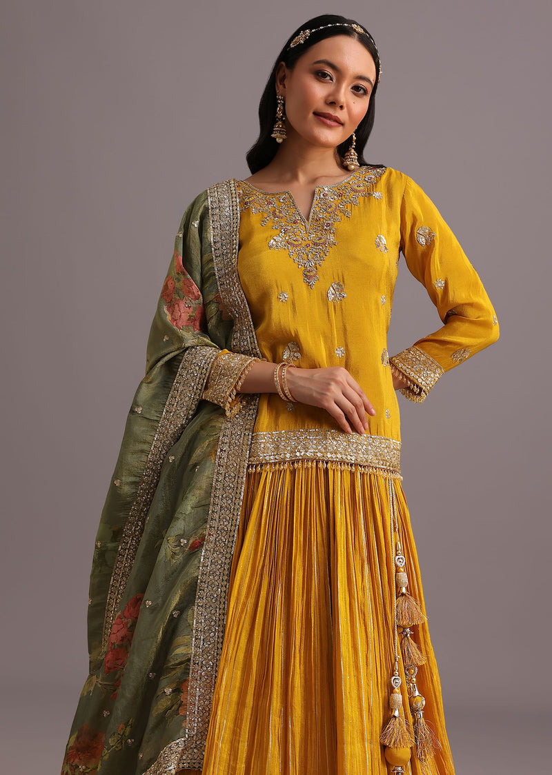 Yellow Embellished Kurta Lehenga With Printed Dupatta