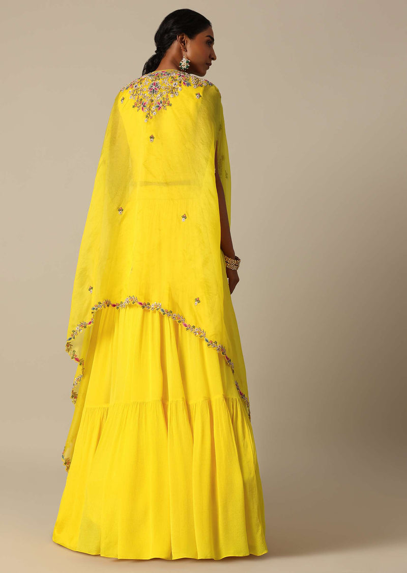 Yellow Hand Embroidered Long Jacket And Lehenga Set