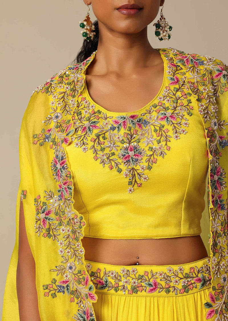 Yellow Hand Embroidered Long Jacket And Lehenga Set