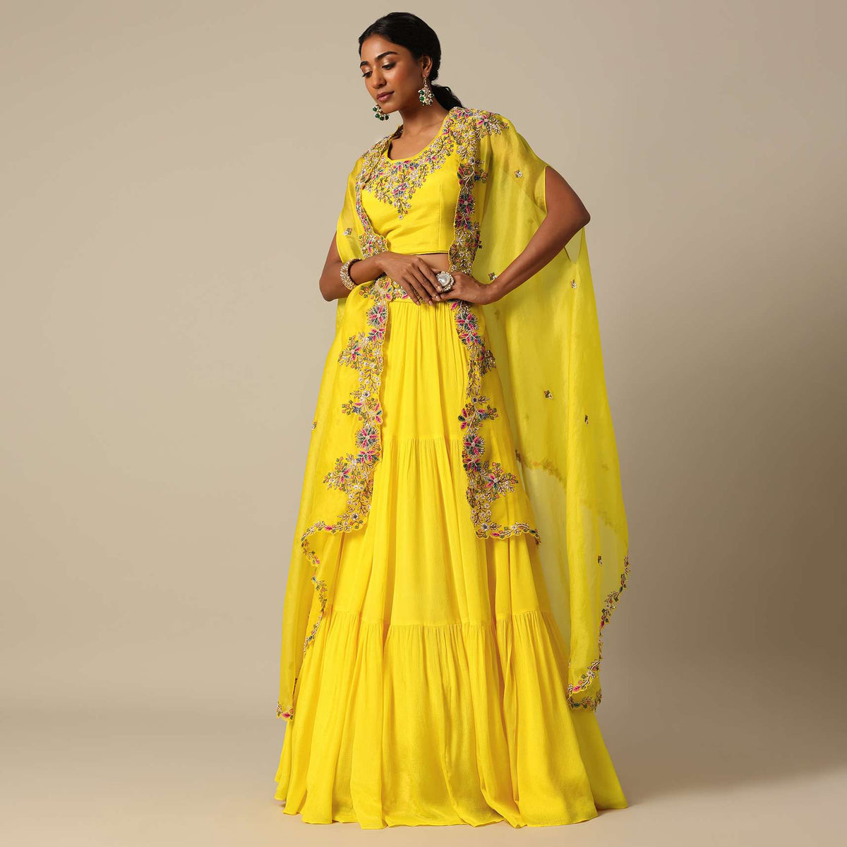 Yellow Hand Embroidered Long Jacket And Lehenga Set
