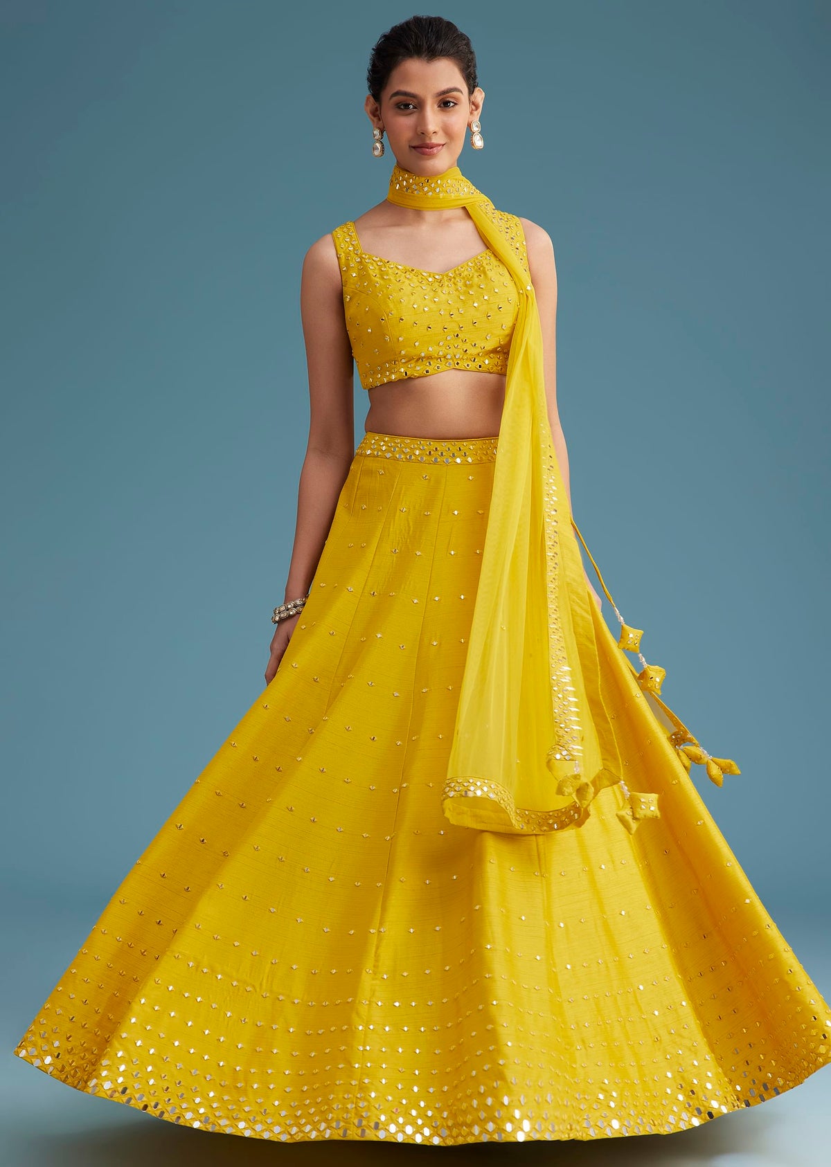 Yellow Nysa Silk Lehenga Set With Mirror Work