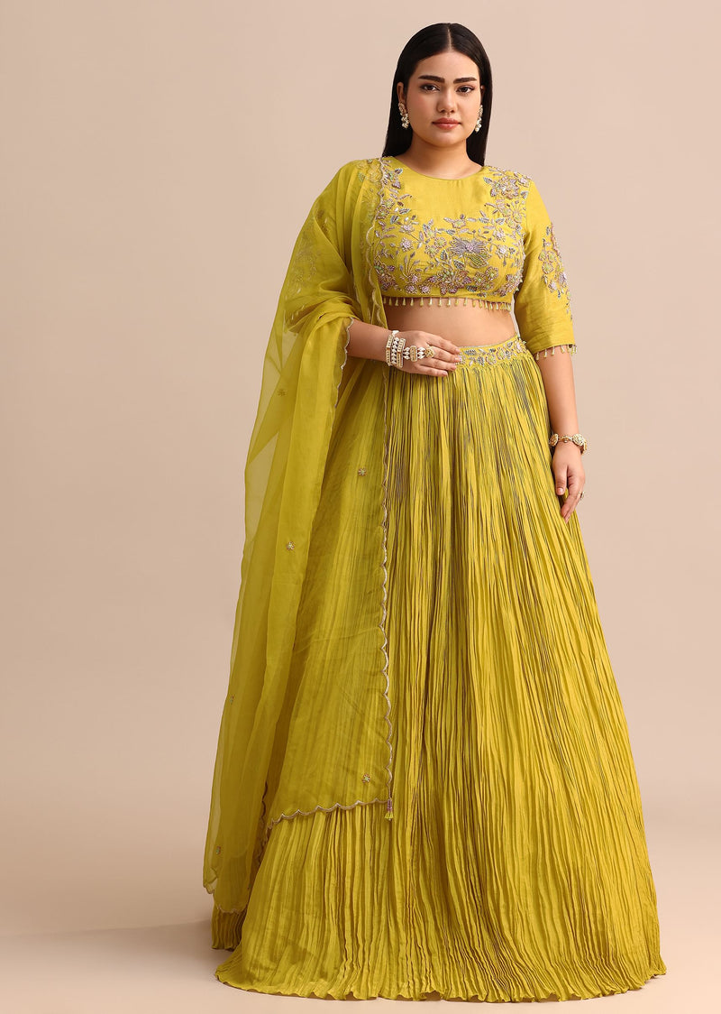 Yellow Ruched Lehenga With Embroidered Blouse And Dupatta